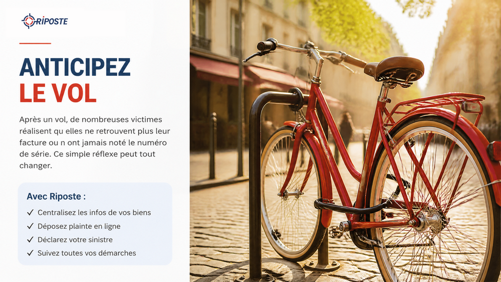Anticiper le vol de votre vélo ou de votre véhicule en centralisant toutes les documents importants de vos biens sur la plateforme Riposte avant de porter plainte directement en ligne et déclarer votre sinistre.