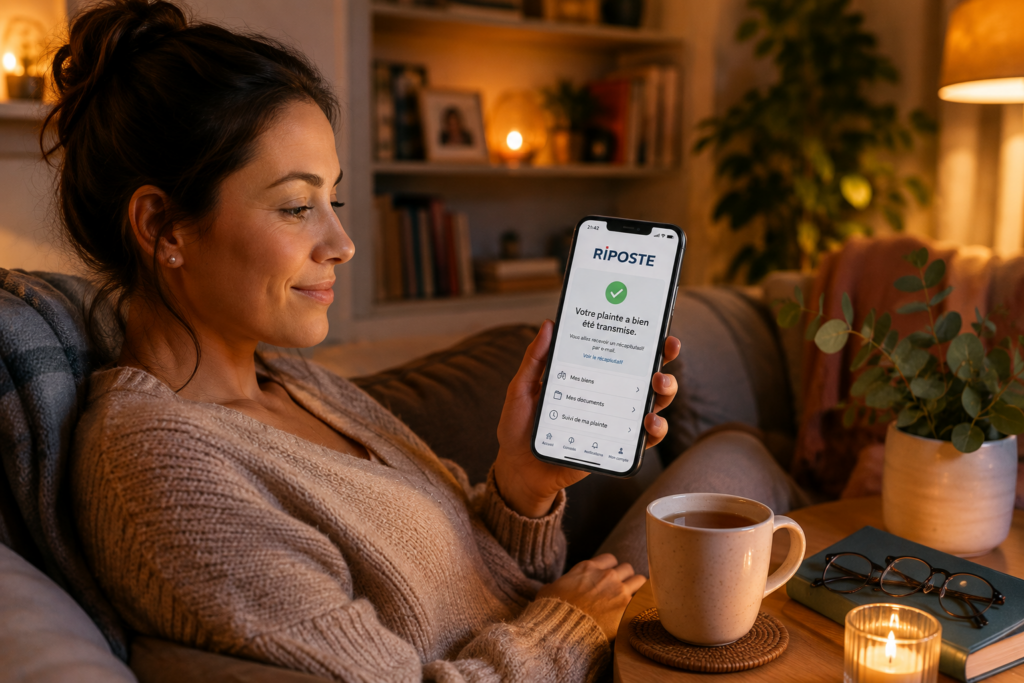 Illustration représentant une utilisatrice consultant la confirmation de transmission de sa plainte sur l'application Riposte. Après un vol ou une dégradation, la plateforme accompagne les victimes à chaque étape, du dépôt de plainte au suivi du dossier, afin de simplifier les démarches et de gagner en sérénité.