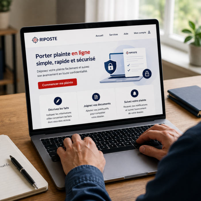 Personne préparant une plainte en ligne après un vol sur la plateforme Riposte depuis un ordinateur portable.