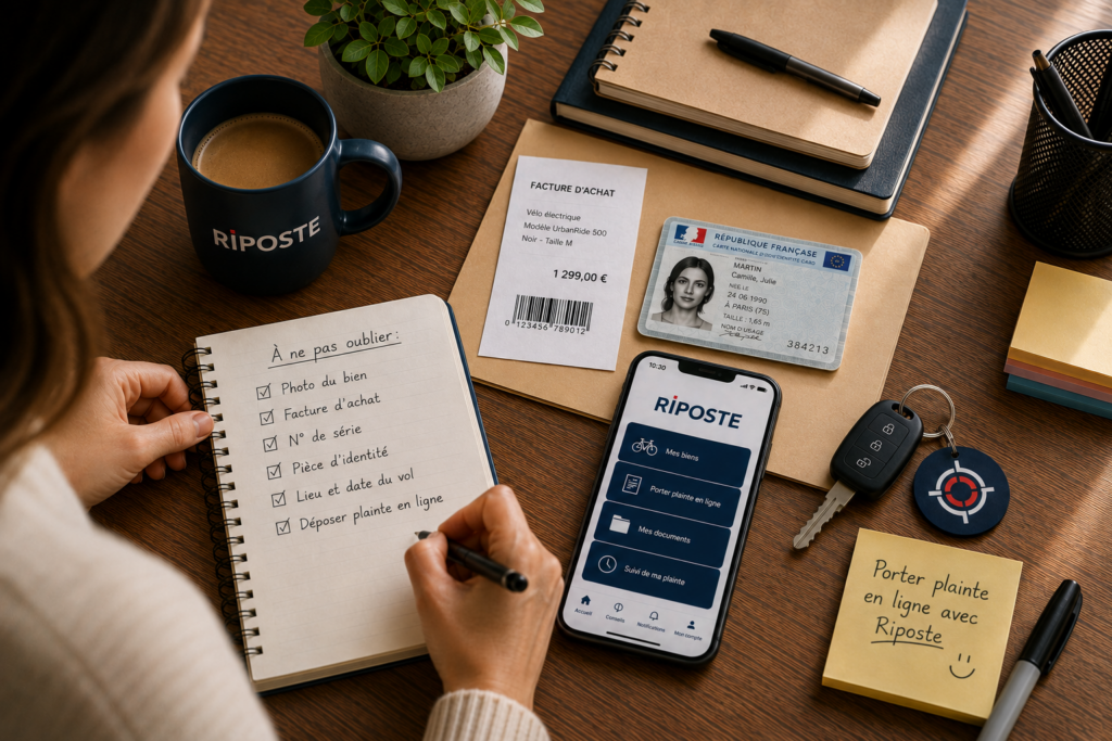 Illustration montrant la préparation des documents nécessaires avant de porter plainte en ligne après un vol ou une dégradation. Facture d'achat, pièce d'identité, justificatifs et application Riposte permettent de centraliser toutes les informations utiles afin de simplifier les démarches et de gagner du temps.